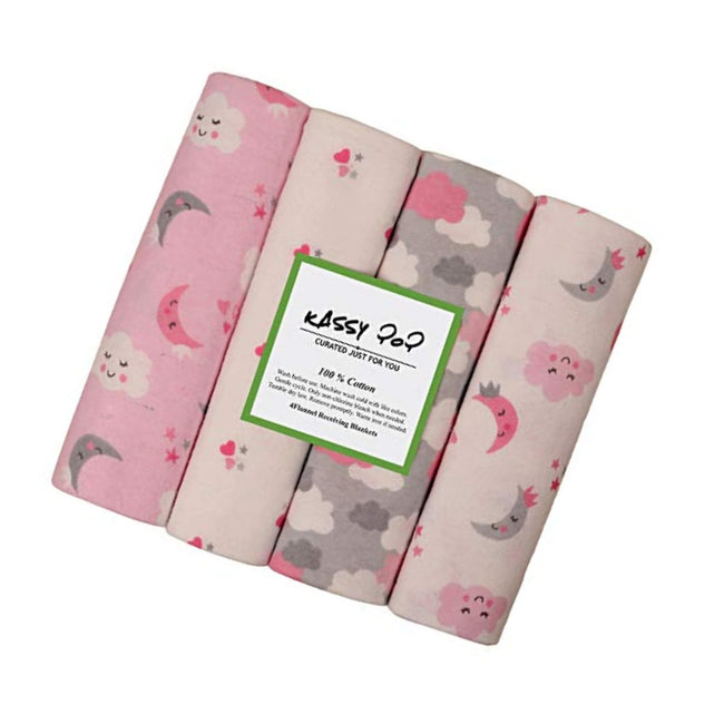 KASSY POP Baby Cotton Flannel Wrapping Sheets Blankets Swaddles (0-1.5 Years), Pack of 4 - Star and Moon Print