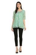 PINK SQUARE Light Green Embroidered Lace Chiffon Top with Lining and Sequin Neck Work