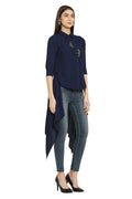 PINK SQUARE Navy Blue High-Low Style Embellished Party Wear Shirt Top with Collared Neck