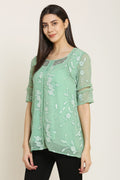 PINK SQUARE Light Green Embroidered Lace Chiffon Top with Lining and Sequin Neck Work