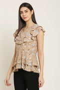 PINK SQUARE Brown Floral Printed Peplum Style Double Layered Ruffle Top