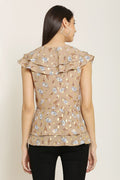 PINK SQUARE Brown Floral Printed Peplum Style Double Layered Ruffle Top