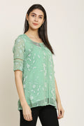 PINK SQUARE Light Green Embroidered Lace Chiffon Top with Lining and Sequin Neck Work