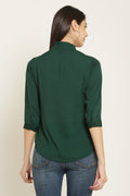 PINK SQUARE Emerald Green Shirt Style Top with Ruffle Collar Neck and 3/4 Sleeves