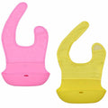 Waterproof Silicone Roll-up Baby Feeding Bibs with Crumb Catcher, Food Catching Pocket, Washable, Food Grade, BPA Free, Adjustable Neck Loop, Set of 2 Colors (Pink/Yellow)