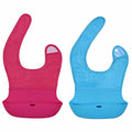 Waterproof Silicone Roll-up Baby Feeding Bibs with Crumb Catcher, Food Catching Pocket, Washable, Food Grade, BPA Free, Adjustable Neck Loop, Set of 2 Colors (Pink/Blue)