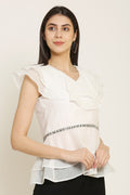 PINK SQUARE White Semi Sheer Embellished Peplum Style Ruffle Top