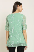 PINK SQUARE Light Green Embroidered Lace Chiffon Top with Lining and Sequin Neck Work