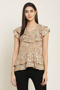 PINK SQUARE Brown Floral Printed Peplum Style Double Layered Ruffle Top