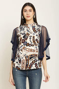 PINK SQUARE Womens Printed Regular Fit Waist Top, Round Neck, 3/4th Net Sleeves, Suitable as Office & Casual Wear LightBlue