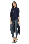 PINK SQUARE Navy Blue High-Low Style Embellished Party Wear Shirt Top with Collared Neck