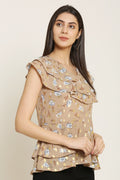 PINK SQUARE Brown Floral Printed Peplum Style Double Layered Ruffle Top
