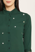 PINK SQUARE Emerald Green Shirt Style Top with Ruffle Collar Neck and 3/4 Sleeves