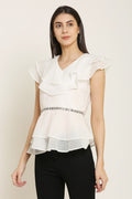 PINK SQUARE White Semi Sheer Embellished Peplum Style Ruffle Top