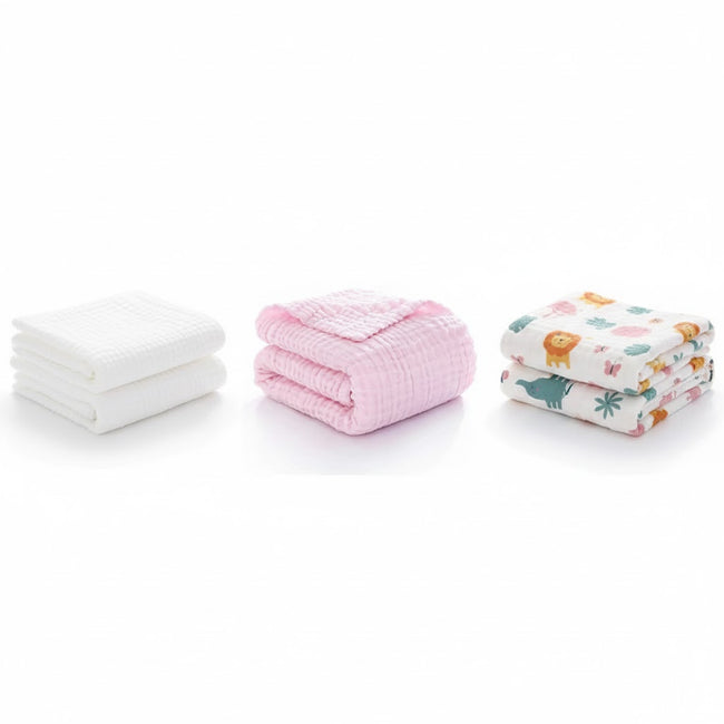 KASSY POP Kids Muslin Cotton Bath Towel, Blanket, Swaddle,105 X 105 cm - Pack of 3 (Pink, White and Printed)