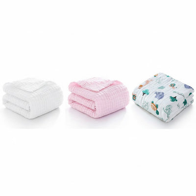 KASSY POP Kids Muslin Cotton Bath Towel, Blanket, Swaddle,105 X 105 cm - Pack of 3 (Pink, White and Animal Print)