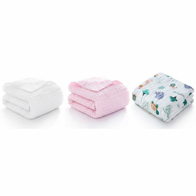 KASSY POP Kids Muslin Cotton Bath Towel, Blanket, Swaddle,105 X 105 cm - Pack of 3 (Pink, White and Animal Print)