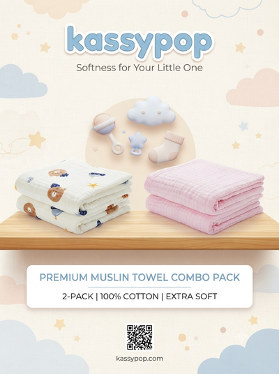 KASSY POP Kids Muslin Cotton Bath Towel, Blanket, Swaddle,105 X 105 cm - Pack of 2 (Pink and Teddy)