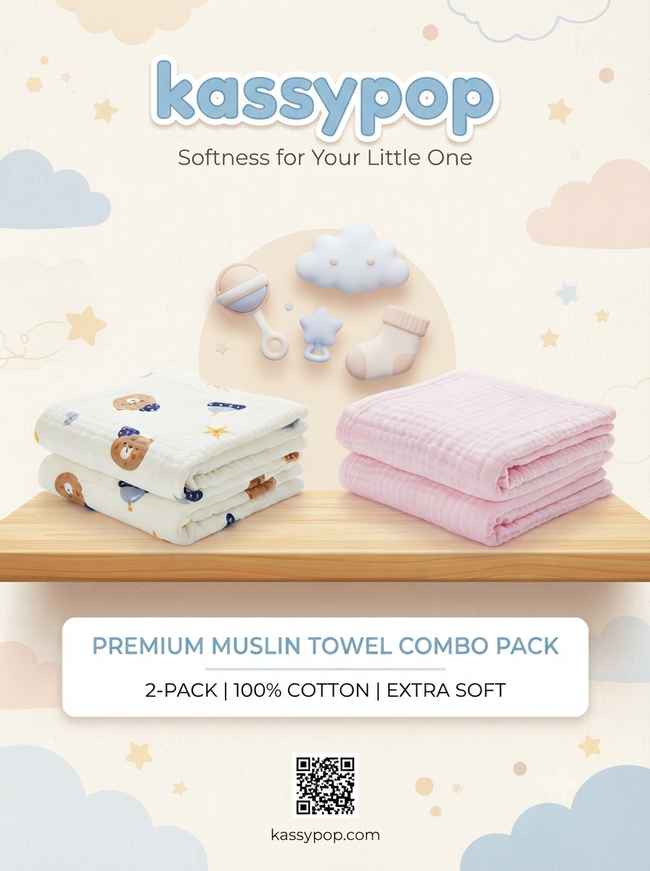 KASSY POP Kids Muslin Cotton Bath Towel, Blanket, Swaddle,105 X 105 cm - Pack of 2 (Pink and Teddy)