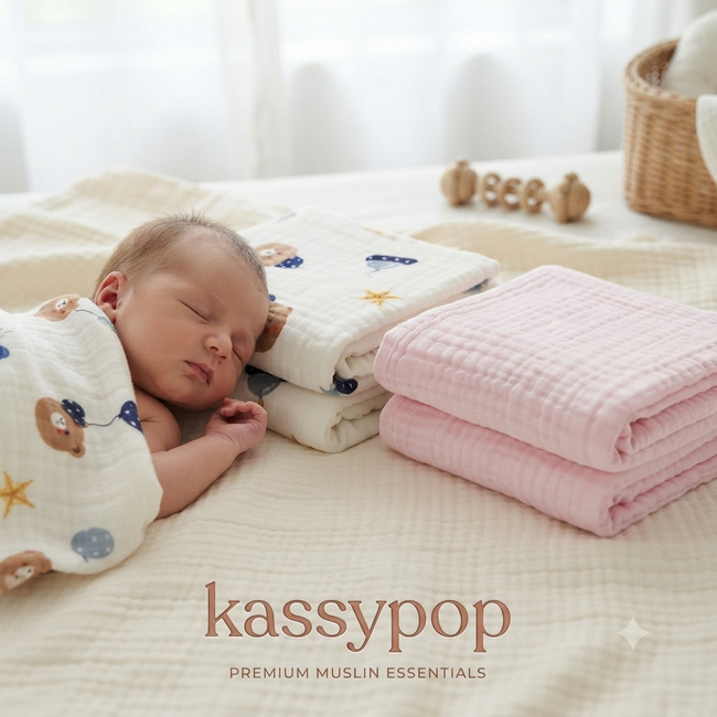 KASSY POP Kids Muslin Cotton Bath Towel, Blanket, Swaddle,105 X 105 cm - Pack of 2 (Pink and Teddy)