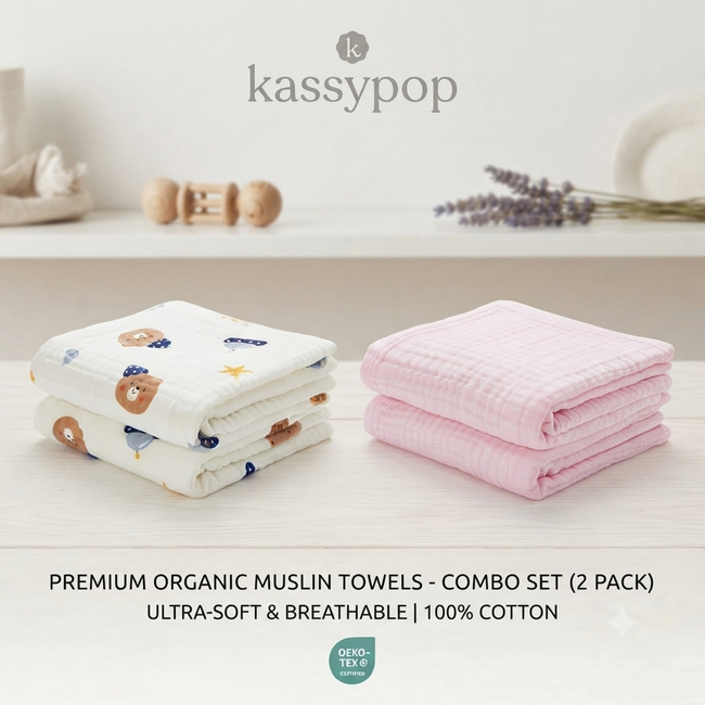 KASSY POP Kids Muslin Cotton Bath Towel, Blanket, Swaddle,105 X 105 cm - Pack of 2 (Pink and Teddy)