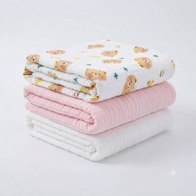 KASSY POP Kids Muslin Cotton Bath Towel, Blanket, Swaddle,105 X 105 cm - Pack of 3 (Pink, White and Bear)