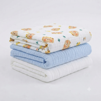 KASSY POP Kids Muslin Cotton Bath Towel, Blanket, Swaddle,105 X 105 cm - Pack of 3 (Blue, White and Bear)