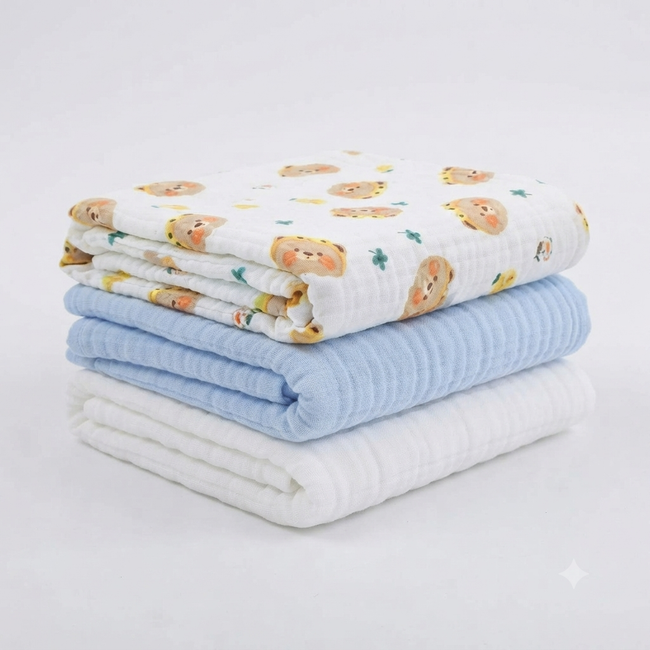 KASSY POP Kids Muslin Cotton Bath Towel, Blanket, Swaddle,105 X 105 cm - Pack of 3 (Blue, White and Bear)