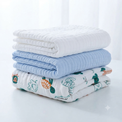 KASSY POP Kids Muslin Cotton Bath Towel, Blanket, Swaddle,105 X 105 cm - Pack of 3 (Blue, White and Pinkprint)