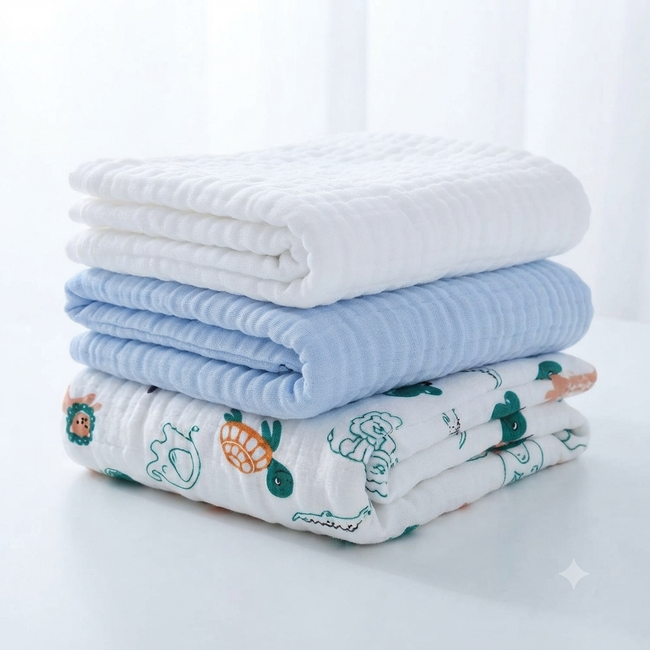 KASSY POP Kids Muslin Cotton Bath Towel, Blanket, Swaddle,105 X 105 cm - Pack of 3 (Blue, White and Pinkprint)