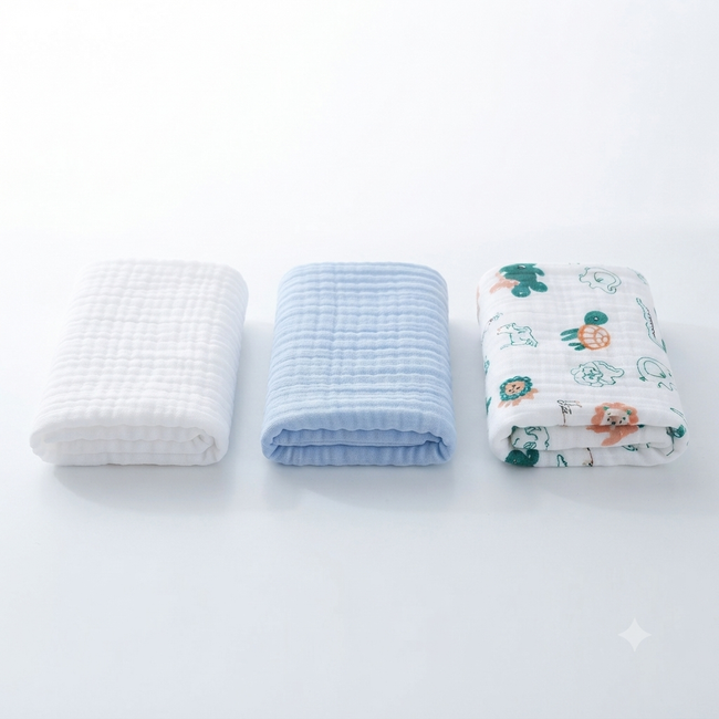 KASSY POP Kids Muslin Cotton Bath Towel, Blanket, Swaddle,105 X 105 cm - Pack of 3 (Blue, White and Pinkprint)