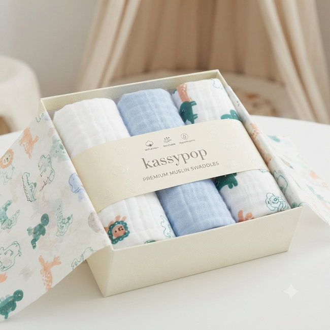 KASSY POP Kids Muslin Cotton Bath Towel, Blanket, Swaddle,105 X 105 cm - Pack of 3 (Blue, White and Pinkprint)