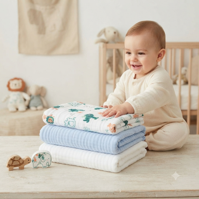 KASSY POP Kids Muslin Cotton Bath Towel, Blanket, Swaddle,105 X 105 cm - Pack of 3 (Blue, White and Animal Print)