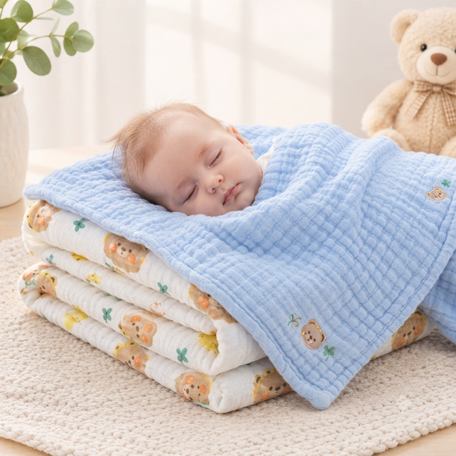 KASSY POP Kids Muslin Cotton Bath Towel, Blanket, Swaddle,105 X 105 cm - Pack of 2 (Blue and Bear)