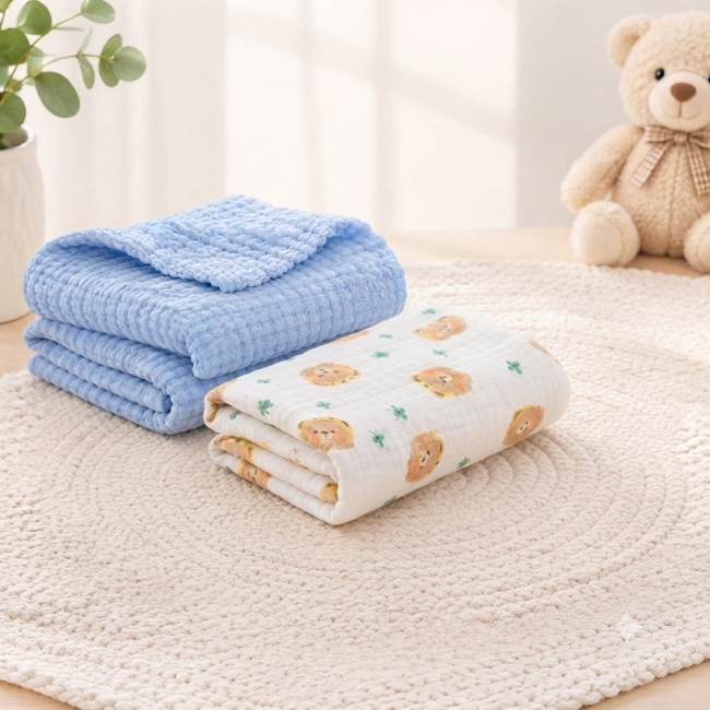 KASSY POP Kids Muslin Cotton Bath Towel, Blanket, Swaddle,105 X 105 cm - Pack of 2 (Blue and Bear)