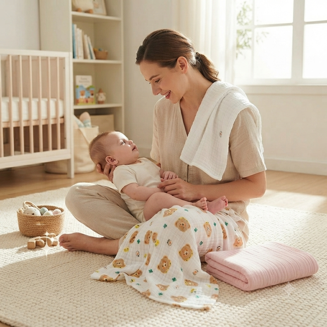 KASSY POP Kids Muslin Cotton Bath Towel, Blanket, Swaddle,105 X 105 cm - Pack of 3 (Pink, White and Bear)