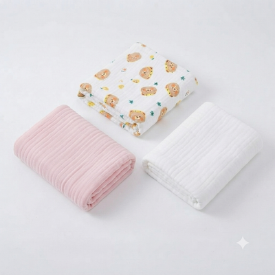 KASSY POP Kids Muslin Cotton Bath Towel, Blanket, Swaddle,105 X 105 cm - Pack of 3 (Pink, White and Bear)