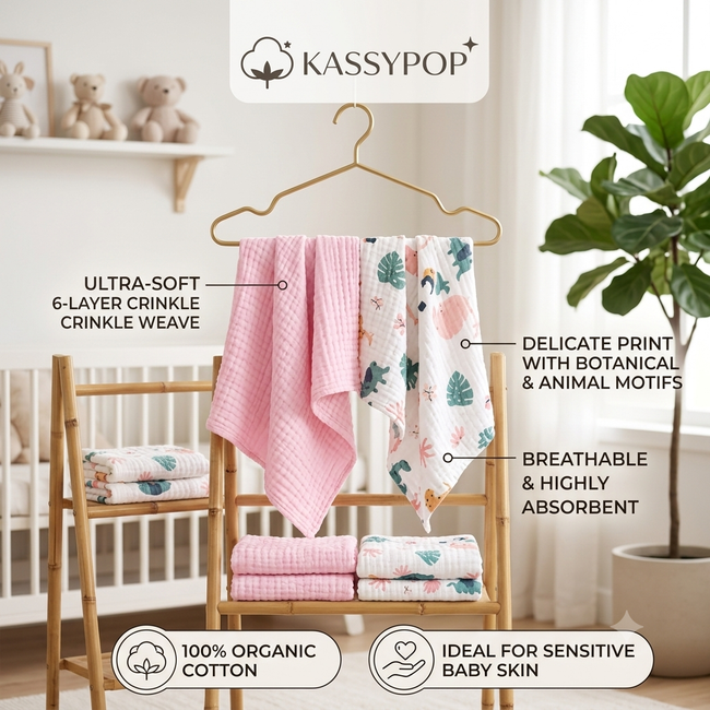 KASSY POP Kids Muslin Cotton Bath Towel, Blanket, Swaddle,105 X 105 cm - Pack of 2 (Pink and Forest)