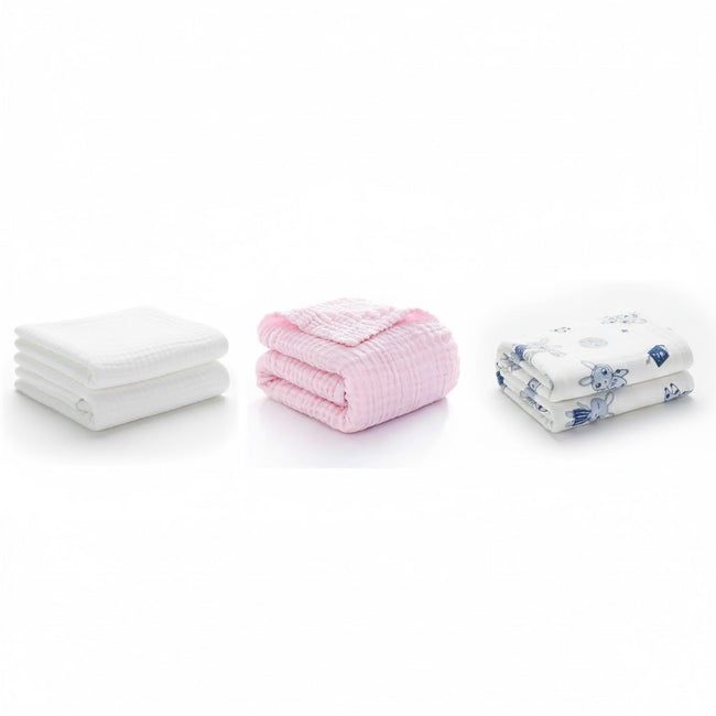 KASSY POP Kids Muslin Cotton Bath Towel, Blanket, Swaddle,105 X 105 cm - Pack of 3 (Pink, White and Printed)