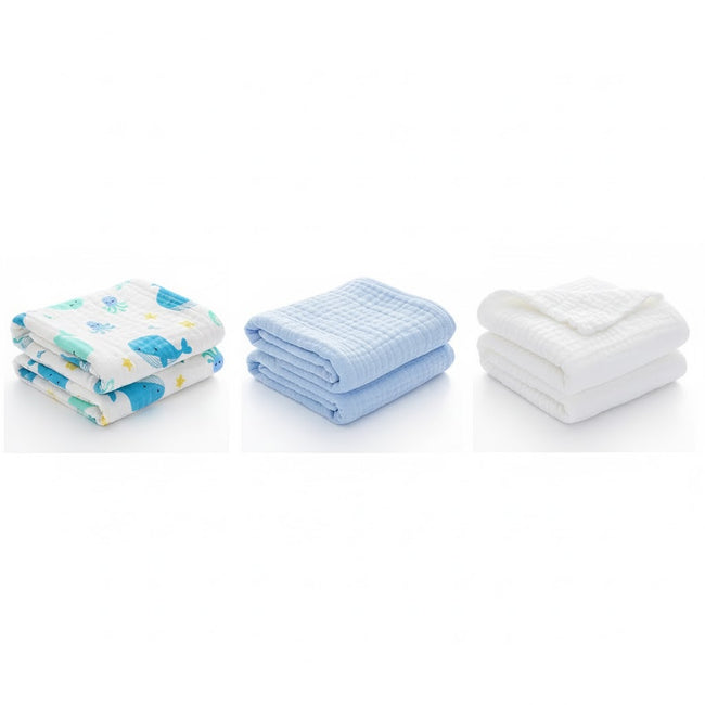 KASSY POP Kids Muslin Cotton Bath Towel, Blanket, Swaddle,105 X 105 cm - Pack of 3 (Blue, White and Printed)