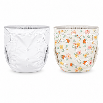 Kassy pop Cotton Cloth Reusable Diaper for Babies with One Piece 3-Layer Microfiber Insert (0-36 Months) Pack of 2 - White and Print