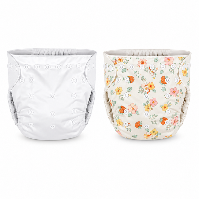 Kassy pop Cotton Cloth Reusable Diaper for Babies with One Piece 3-Layer Microfiber Insert (0-36 Months) Pack of 2 - White and Print