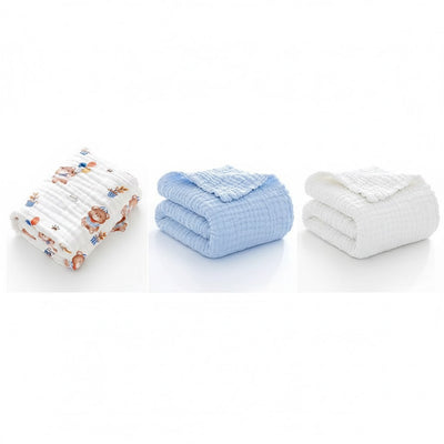 KASSY POP Kids Muslin Cotton Bath Towel, Blanket, Swaddle,105 X 105 cm - Pack of 3 (Blue, White and Printed)