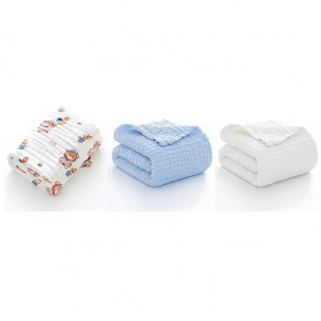 KASSY POP Kids Muslin Cotton Bath Towel, Blanket, Swaddle,105 X 105 cm - Pack of 3 (Blue, White and Printed)