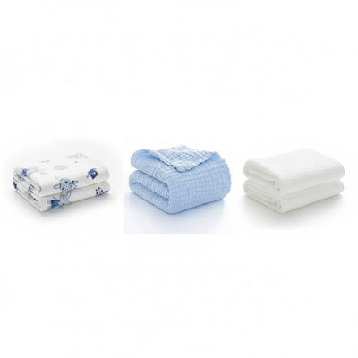 KASSY POP Kids Muslin Cotton Bath Towel, Blanket, Swaddle,105 X 105 cm - Pack of 3 (Blue, White and Printed)