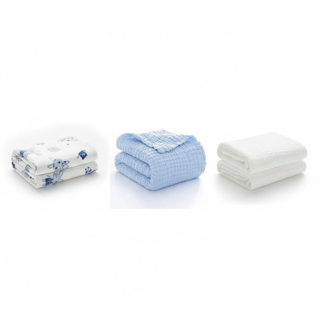 KASSY POP Kids Muslin Cotton Bath Towel, Blanket, Swaddle,105 X 105 cm - Pack of 3 (Blue, White and Printed)