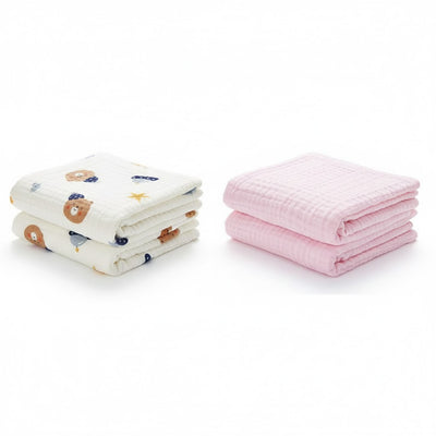 KASSY POP Kids Muslin Cotton Bath Towel, Blanket, Swaddle,105 X 105 cm - Pack of 2 (Pink and Printed)