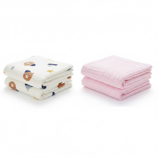 KASSY POP Kids Muslin Cotton Bath Towel, Blanket, Swaddle,105 X 105 cm - Pack of 2 (Pink and Printed)