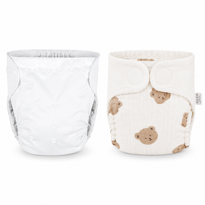 Kassy pop Cotton Cloth Reusable Diaper for Babies with One Piece 3-Layer Microfiber Insert (0-36 Months) Pack of 2 - White and Teddy Print