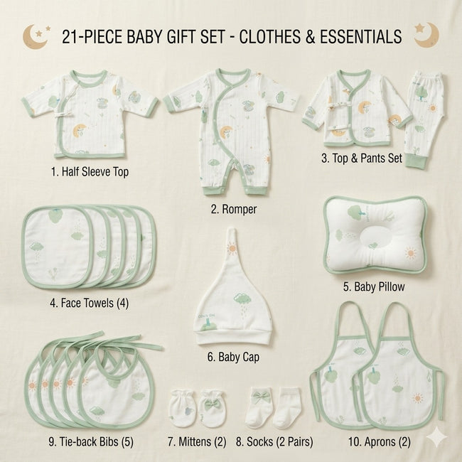 KASSY POP Newborn Baby Cotton 21pcs Clothing Set with Briefcase Pack - Green